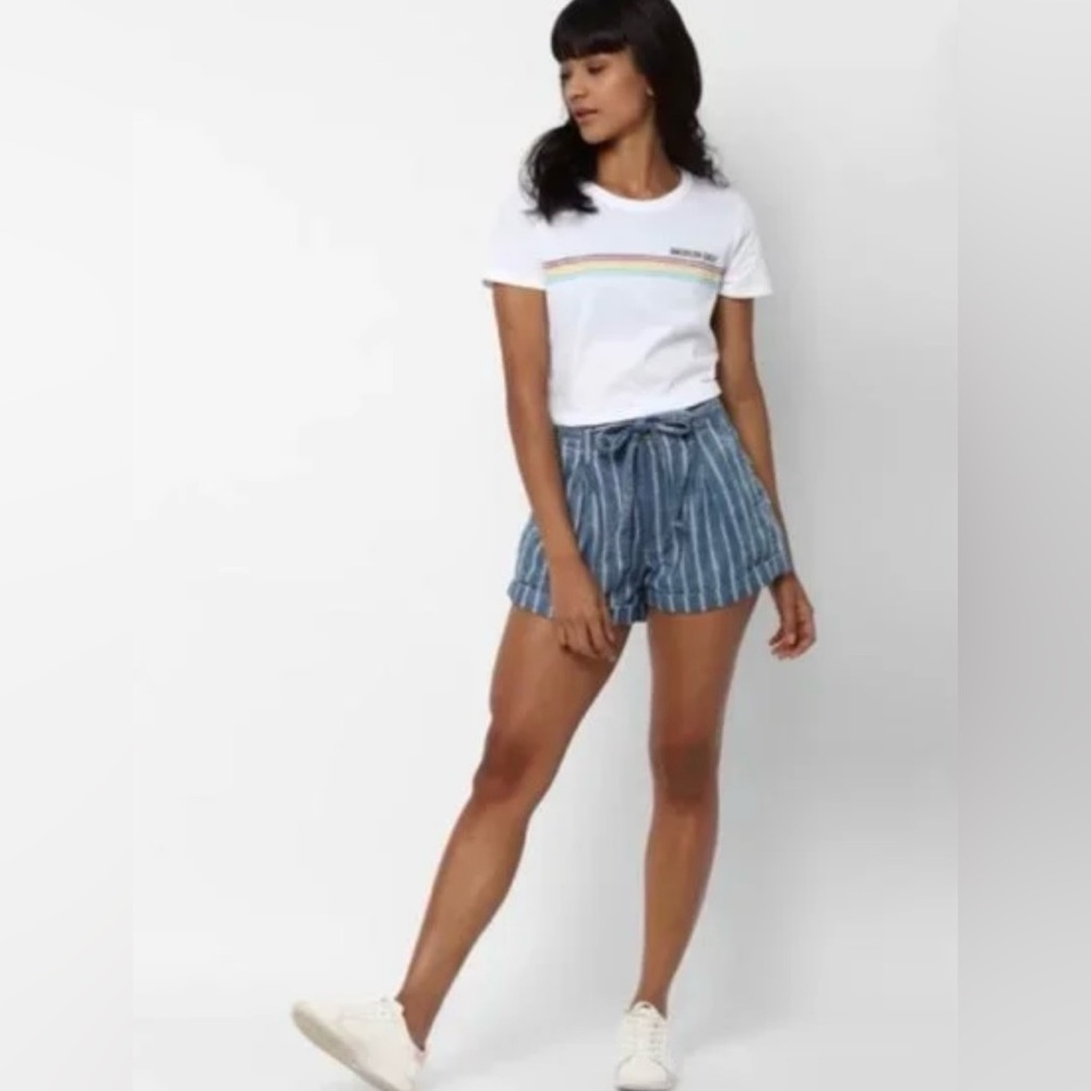 Striped Blue Striped Women's Shorts With Ruffles